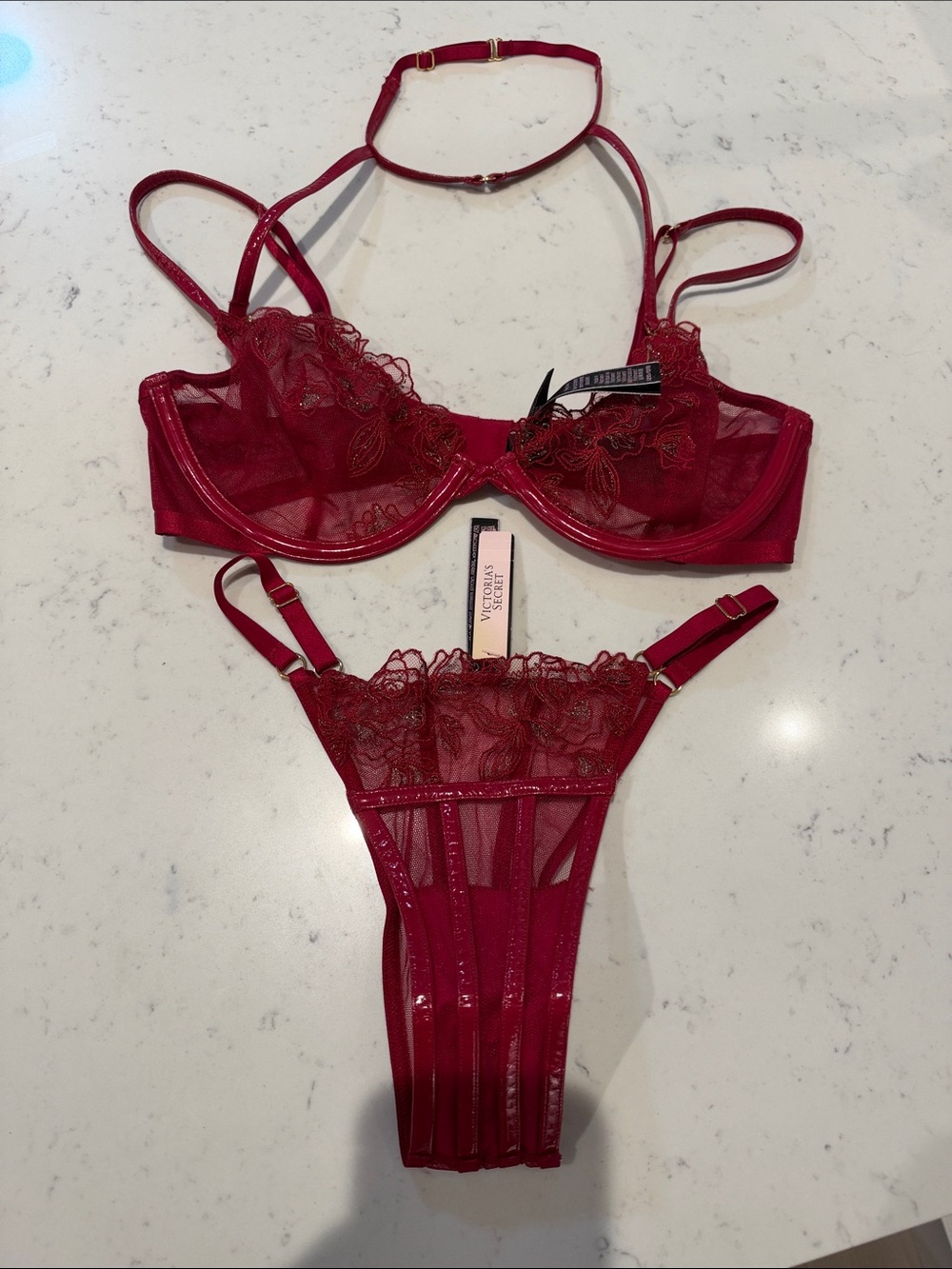 Victoria's Secret Burgundy Red Lace Underwire Bra & Strappy Thong